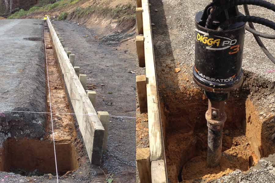 Shed foundation trenching and post hole drilling showing site preparation and concrete layout for a steel shed build